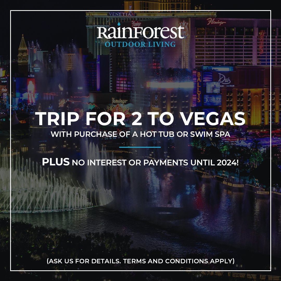 RainforestOL's tweet photo. We know you're ready to escape winter, so treat yourself to a hot tub or swim spa from Rainforest Outdoor Living.

Buy a swim spa or hot tub in January, and we'll give you a trip for two to Las Vegas, PLUS waive any payments &amp; interest until 2024!

https://t.co/7duXxA5Dmx https://t.co/fJrS5Fha7w