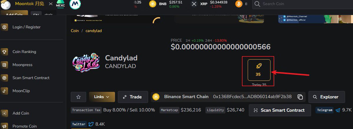 Candylad Token has just been included in the rating agency moontok Yuetu website that MEXC cooperates with:
 please actively vote. thanks！

 moontok.io/coins/candylad

Candylad Token Contract :
0x136bfcdec5db31b565052451ad806014ab9f2b38

🇬🇧 t.me/Candylad