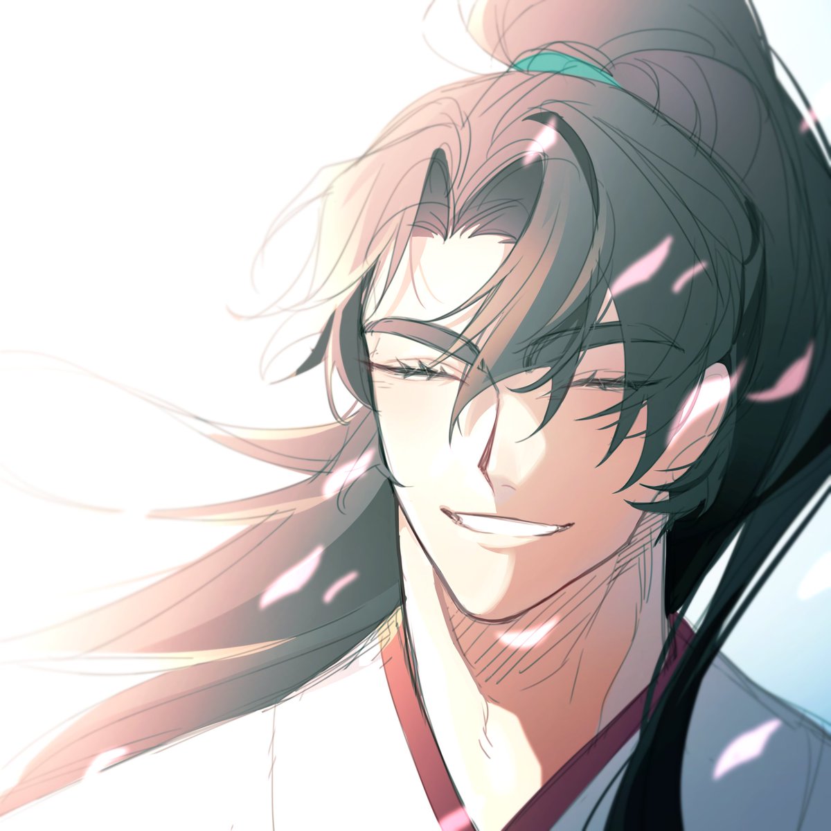 1boy male focus ponytail solo long hair closed eyes smile  illustration images