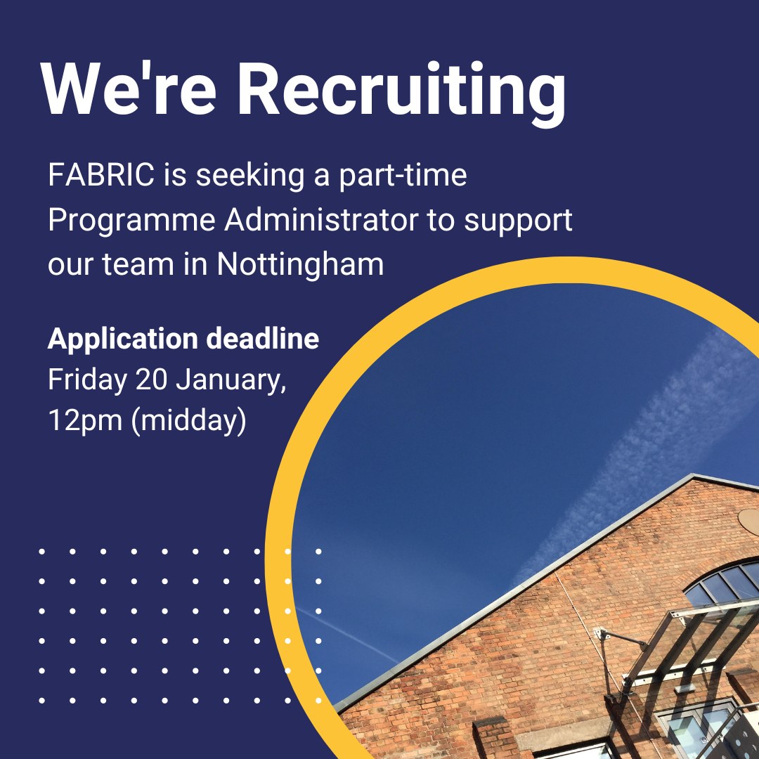 JOIN THE FABRIC TEAM📢
We are looking for a part-time Programme Administrator to support our #Nottingham team

⏰Deadline: Fri 20 Jan, 12pm
👉Apply now:bit.ly/3jmtcn3

#artsjobs #adminjob #nottingham
