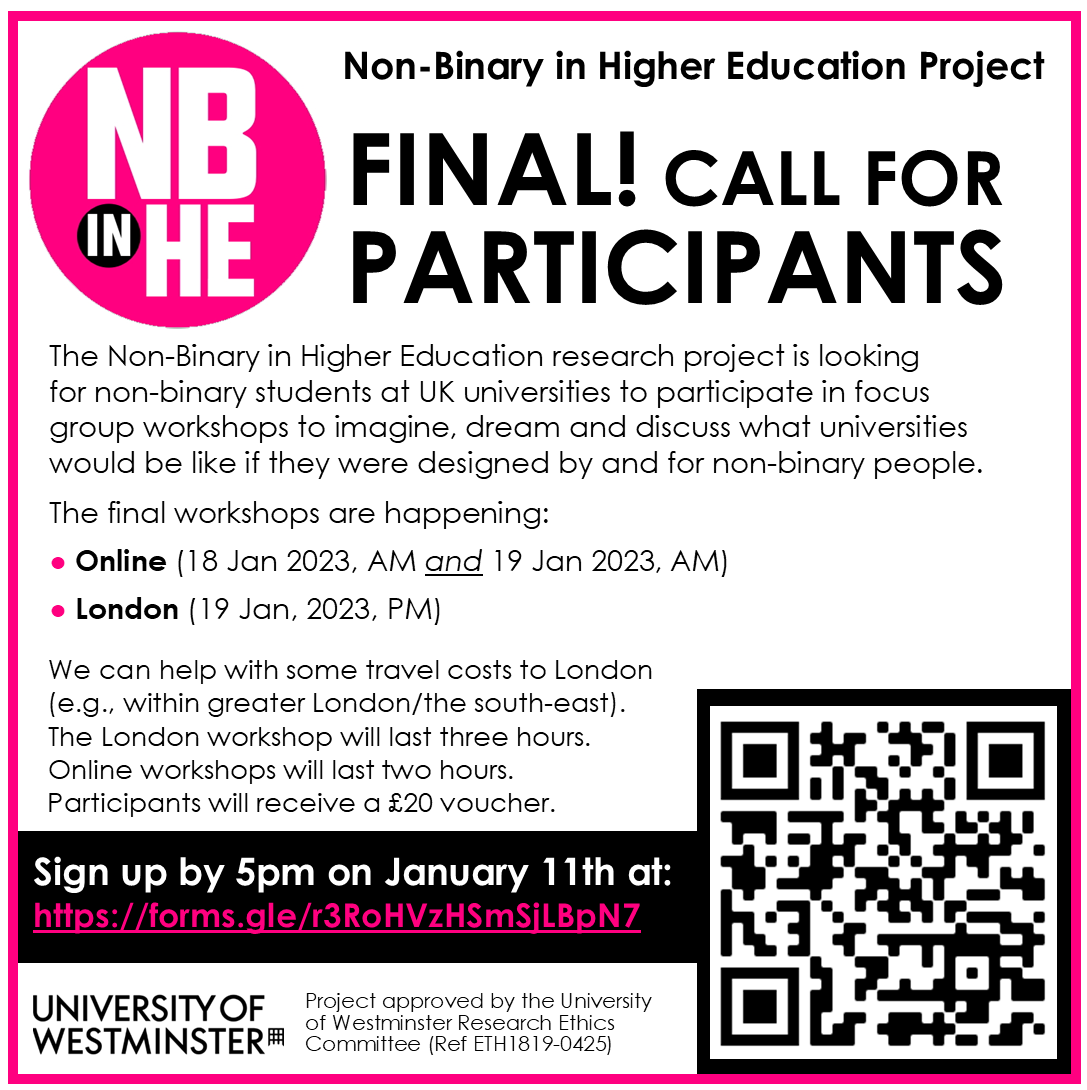 LAST CHANCE for non-binary UK students to join one of our focus group workshops. Online or in person in London in January. Sign up by January 11th: forms.gle/r3RoHVzHSmSjLB…