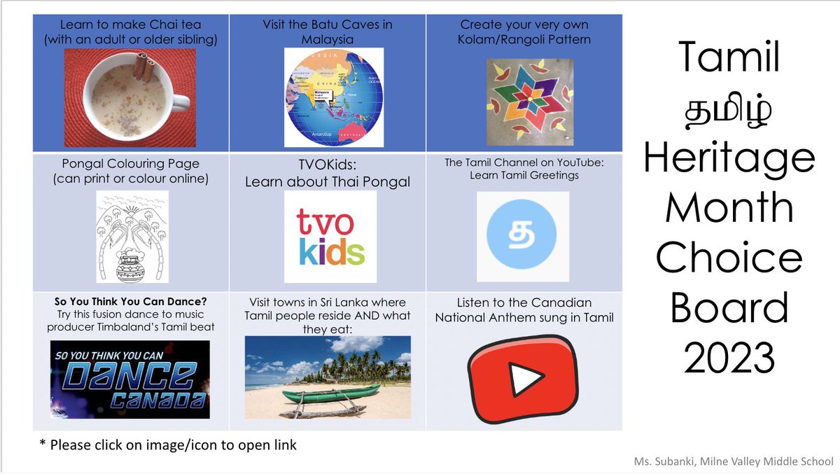 TDSB recognizes January as Tamil Heritage Month! I am so proud &amp; excited to share my culture &amp; heritage with many of you w/ this choice-board. Please find in the comment section the link to view and share w/ your students, colleagues &amp; families! 
<a href="/tdsb/">Toronto District School Board</a> <a href="/TDSBDirector/">Stacey Zucker</a> <a href="/MilneMS/">Milne Valley MS</a>