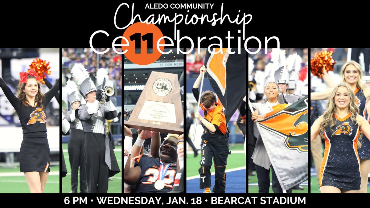 AledoISD's tweet photo. You're Invited to a Community Championship Celebration for Aledo's historic 11th state football championship with student performances, champ posters, official Aledo champ gear, photo ops w/11 trophies &amp; more!
⏰6PM
📆1/18
📍Bearcat Stadium

#w11n #Fu11Throttle @AledoAthletics https://t.co/TvUKm5TWvo