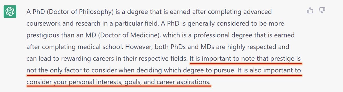 SlovinShaked's tweet photo. Is #PhD more prestigious than an #MD?
I had a discussion with #ChatGPT today about a particularly sensitive topic for me. The bottom line of its response amazed me. ChatGPT is more sensitive than many of the PhDs and MDs I know (including me😇). https://t.co/EyvHDywz4K