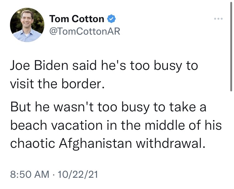 ProDemocracyRTs's tweet photo. Here’s Tom Cotton 15 months ago criticizing Biden for not visiting the border.
And here’s Tom Cotton today saying it’s “meaningless” that Biden plans to visit the border.
Tom Cotton is a con artist. https://t.co/WF5DWyEVw7