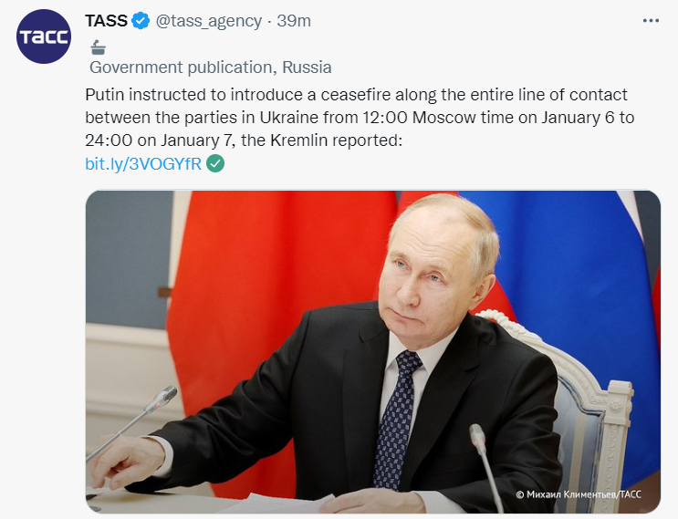Putin had no qualms about sending bombs and missiles to kill Ukrainians during their Christmas and New Year's celebrations, but now he wants to unilaterally declare some kind of a pretend ceasefire to honor the Orthodox holidays. Cynical, revolting, theatrical hypocrisy.