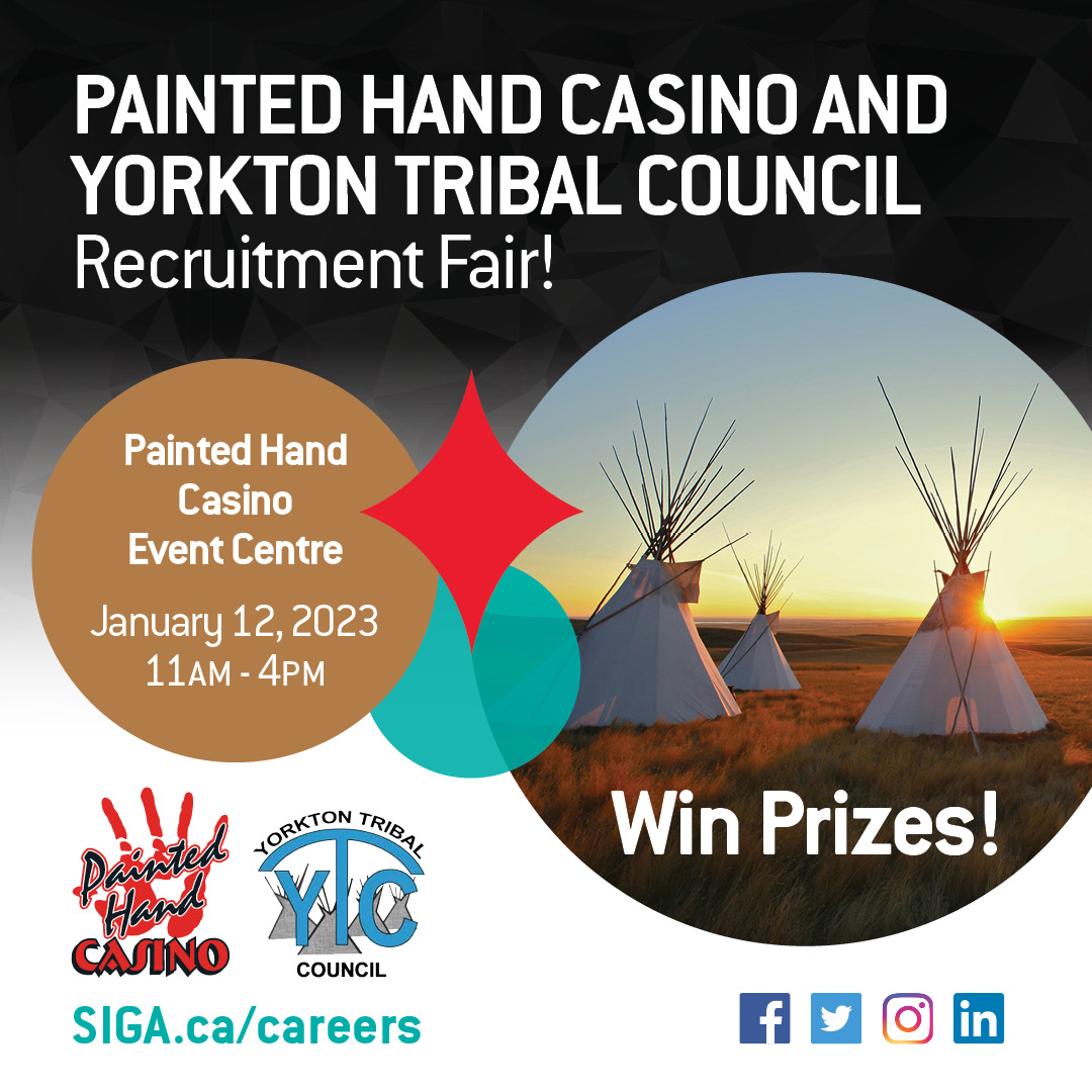 Looking for work? 

Join us at our Painted Hand Casino and Yorkton Tribal Council Recruitment Fair!

When: January 12. from 11:00AM- 4:00PM
Where: The Painted Hand Event Centre

#GameChangers #SIGA #Careers #PaintedHandCasino #JoinUs