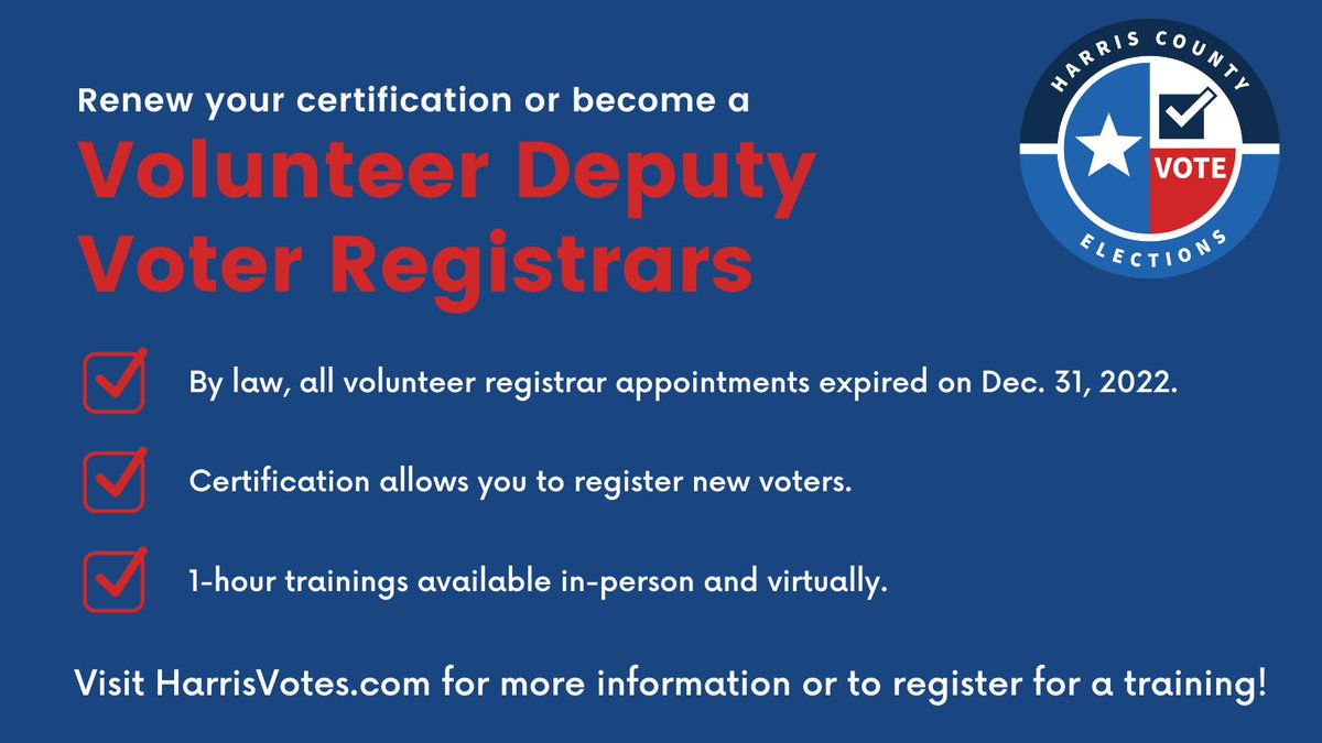 HarrisVotes's tweet photo. Per state law, ALL volunteer voter deputy registrar's will need to take a training course in order to become certified - even if you were certified in 2021 or 2022. 
👉 Learn more: https://t.co/I7K7aZUojD
📅 Register: https://t.co/anJLzC8OfB
#VoterRegistration #HarrisVotes https://t.co/UQctGBWtGf