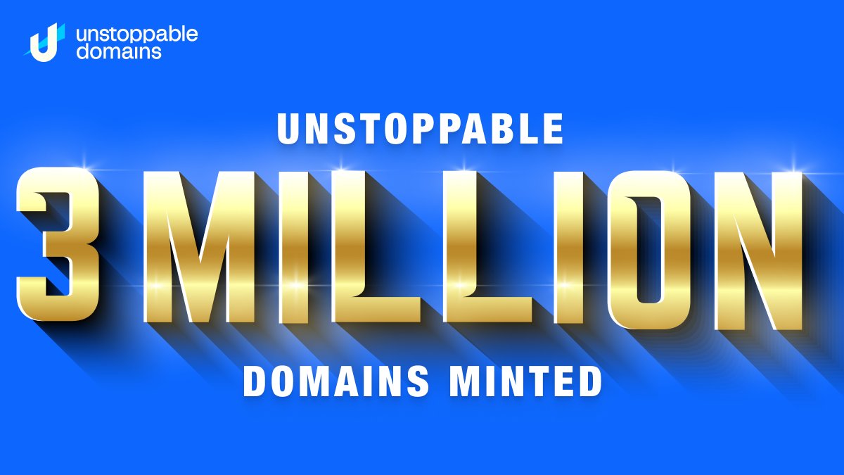 unstoppableweb's tweet image. 3,000,000 domains minted 🎉

It’s incredible how much the #UDfam has grown over the last year 📈

We won’t stop until everyone owns their own digital identity!

Don’t have yours yet?

Grab a free Web3 domain that matches your Twitter handle: bit.ly/3M-giveaway