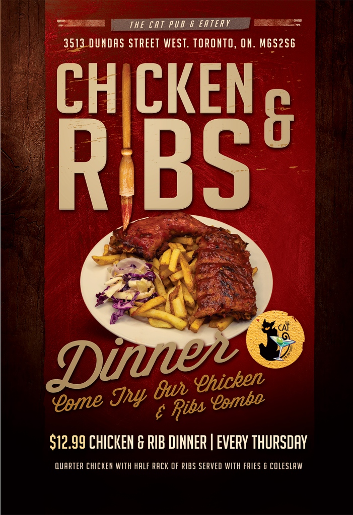 Every Thursday, enjoy a tender rack of Jack Daniels-infused baby back ribs paired with a juicy quarter chicken, Fries, and Coleslaw for $12.99. You won't find this deal anywhere else, so visit The Cat Pub &amp; Eatery to take advantage of this offer.