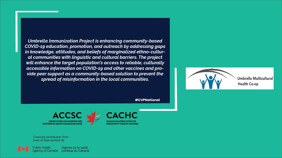 As a recipient of the #PHAC funded #CVPNational project, @UMHealthCoop supports new Canadians and racialized ethno-cultural communities to address misinformation and increase confidence in and uptake of COVID-19 vaccines through linguistically accessible and informed approaches.