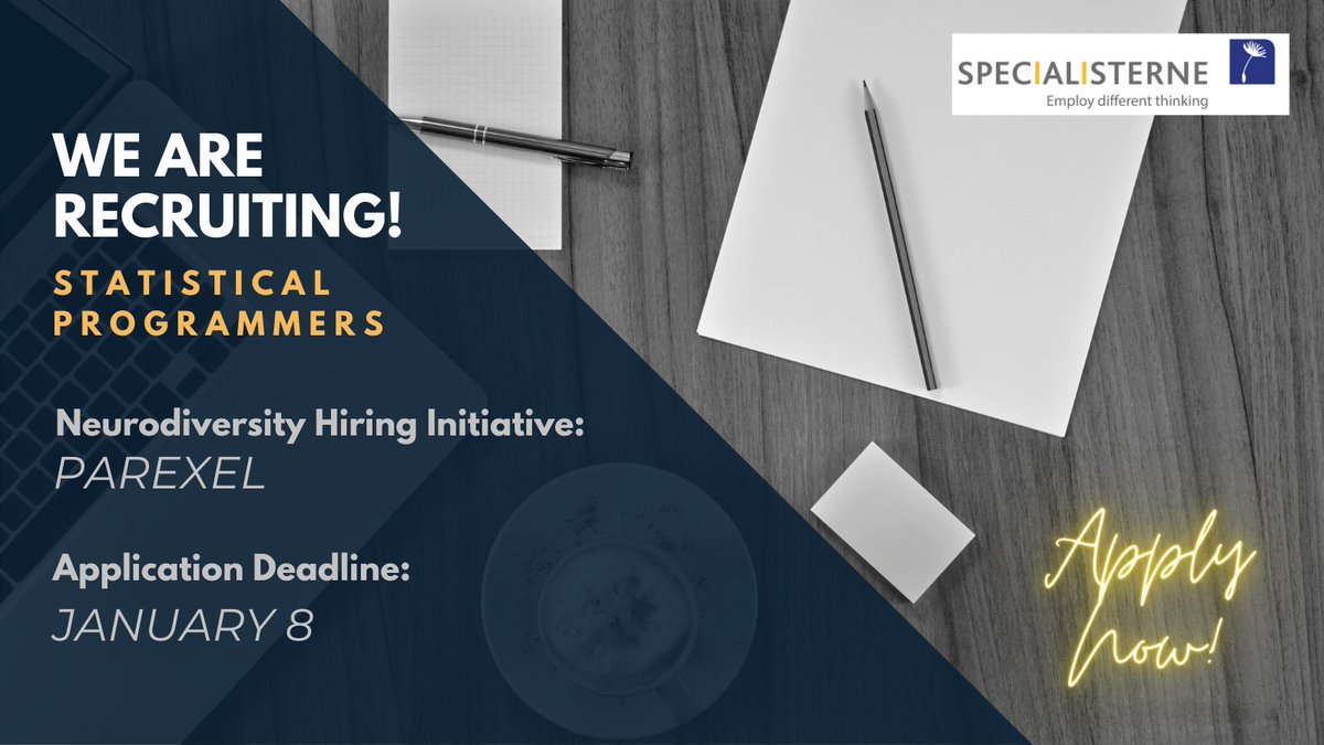 SpecialistUSA's tweet image. Only 3 more days left to apply for Specialisterne USA’s Neurodiversity Hiring Initiative with Parexel!

The available roles are:
• Statistical Programmer (Remote)

To learn more and apply, visit: specialisterne.applytojob.com/apply

#Parexel #NeurodiversityHiring #StatisticalProgrammers