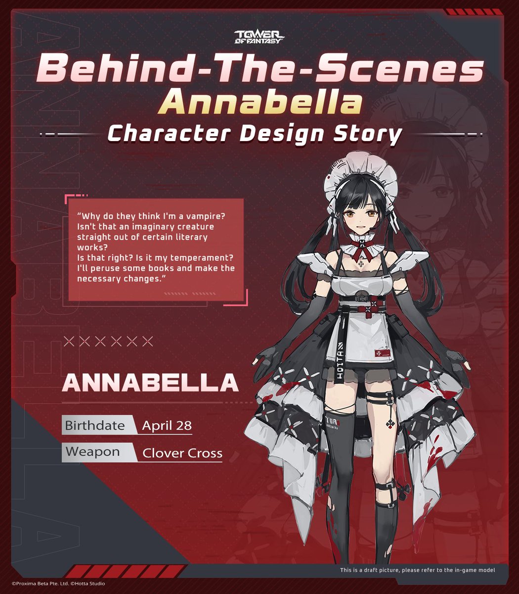ToF_EN_Official's tweet photo. Citizens of Mirroria once thought Annabella was a literal vampire that stalked the Lower City. In reality though, she's just a busy girl with several part-time jobs! 😴

One of her employers is more mysterious than the others though… 🤔

#Annabella 🛎 #Jan12 #ToF #TowerofFantasy https://t.co/g3WgOXmecD