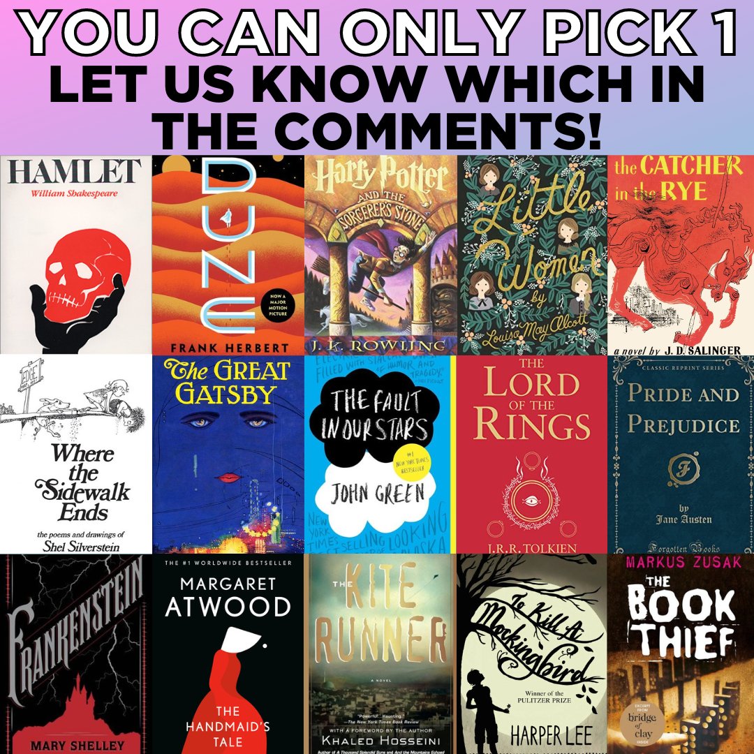 Only 1 can stay 👀👀👀 #dorchestercountylibrary #onlyonecanstay #toughchoices #hamlet #dune #harrypotter #littlewomen #thecatcherintherye #thegreatgatsby #thefaultinourstarts #lordoftherings #lotr #prideandprejudice #frankenstein #thehandmaidstale #booktheif #tokillamockingbird