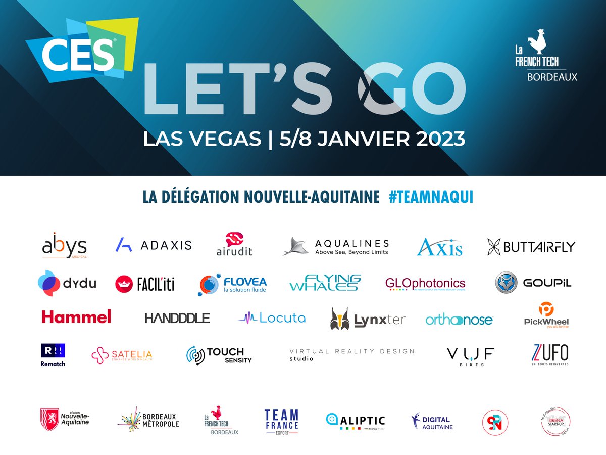 [1/2] 🔴 #CES2023

Let's goooo #TeamNAqui ! 🚀

Avec nos talents ➡️ Orthonose, <a href="/FACIL_iti/">FACIL'iti</a>, <a href="/Rematch_Sport/">Rematch</a>, <a href="/SateliaApp/">Satelia</a>, Zufo, <a href="/airudit/">AIRUDIT</a>, Axis, <a href="/GLOphotonics/">GLOphotonics SAS</a>, <a href="/handddle/">Handddle</a>, <a href="/Lynxter_3D/">Lynxter</a>, <a href="/TouchSensity/">Touch Sensity</a>, @AbysMedical, Hammel Go, Predictive Flowbox, Aqualines, <a href="/_FLYING_WHALES_/">FLYING WHALES</a>... 👏