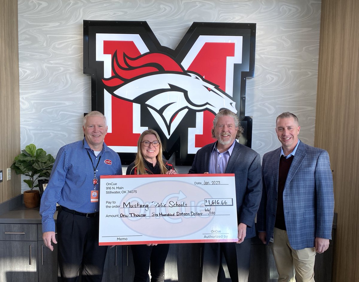 Mustang Public Schools (@mustangschools) on Twitter photo #MPSThanksYou to <a href="/oncueexpress/">OnCue Express</a> for the Support Local Schools Cups Program! Today, representatives from OnCue delivered a check for over $1,600 to MPS Chief Financial Officer Jeff Landes and Assistant Superintendent Ryan McKinney. #BetterTogether #WeAreMustang #MPSThanksYou to <a href="/oncueexpress/">OnCue Express</a> for the Support Local Schools Cups Program! Today, representatives from OnCue delivered a check for over $1,600 to MPS Chief Financial Officer Jeff Landes and Assistant Superintendent Ryan McKinney. #BetterTogether #WeAreMustang