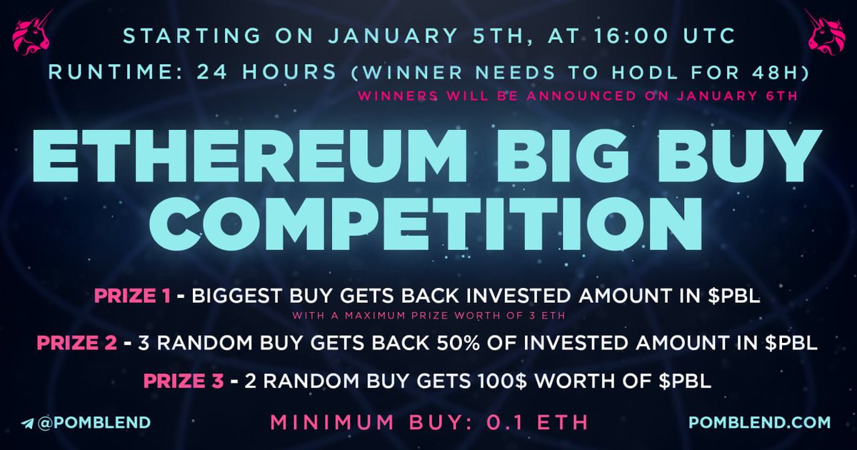 🟢 ETH BIG BUY COMPETITION! 🔥 Starting Date: January 5th at 16:00 UTC 🔥 Runtime: 24 hours (Winner needs to hodl 48h) 🏆 Biggest buy wins the same amount that bought in $PBL 🏆 3 Random buys wins 50% of the same amount that bought in $PBL 🏆 2 Random wins 100$ worth of $PBL!