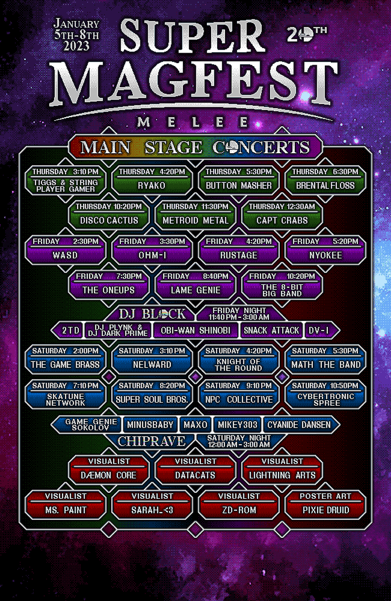 MAGFest's tweet photo. Here it is. The Full lineup concert schedule for Main Stage at Super MAGFest 2023! Get your keisters here and rock the absolute hell out of this weekend with us. LET'S PARTY 🤘🤘

Poster by @pixiedruid 💙 https://t.co/YXLRXuuIA9