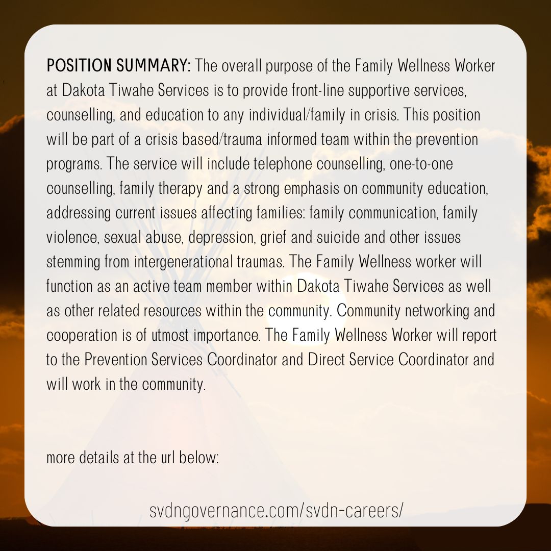 SVDN_DTS_Family_Wellness_Worker_FT_(2023.01.20)_2022156
Deadline: January 20, 2023 4:00 pm

svdngovernance.com/svdn-careers/