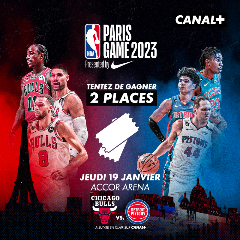 CanalplusSport's tweet photo. Tentez de gagner 2 places pour le #NBAParisGame2023 ! 🎟️🏀🔥

Pour participer, cliquez sur ce lien : https://t.co/875uIKvtsd

Tirage au sort le dimanche 15 janvier dès 18H révélé lors d'un live exceptionnel sur notre @TwitchFR ! 🗳️

@NBAFRANCE | #JeuConcours #BullsNation #Pistons