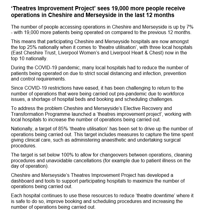 Lawrence Dunhill (@lawrencedunhill) on Twitter photo <a href="/EastCheshireNHS/">East Cheshire NHS Trust</a> <a href="/LiverpoolWomens/">Liverpool Women's University Hospital</a> & <a href="/LHCHFT/">LHCH</a> all in the 'top ten' nationally for theatre utilisation - according to the local ICS...
This data isn't published so v interested to see a full set if anyone has access <a href="/EastCheshireNHS/">East Cheshire NHS Trust</a> <a href="/LiverpoolWomens/">Liverpool Women's University Hospital</a> & <a href="/LHCHFT/">LHCH</a> all in the 'top ten' nationally for theatre utilisation - according to the local ICS...
This data isn't published so v interested to see a full set if anyone has access