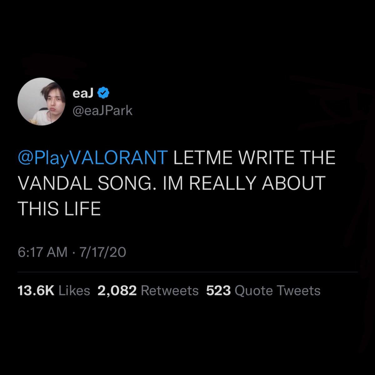 esports's tweet photo. How did @eaJPark get to make a song for the new VALORANT episode? 

“They must have finally seen the tweet from years ago where I offered to do a song for free…” 🤣 https://t.co/r0K2MW5Ptr