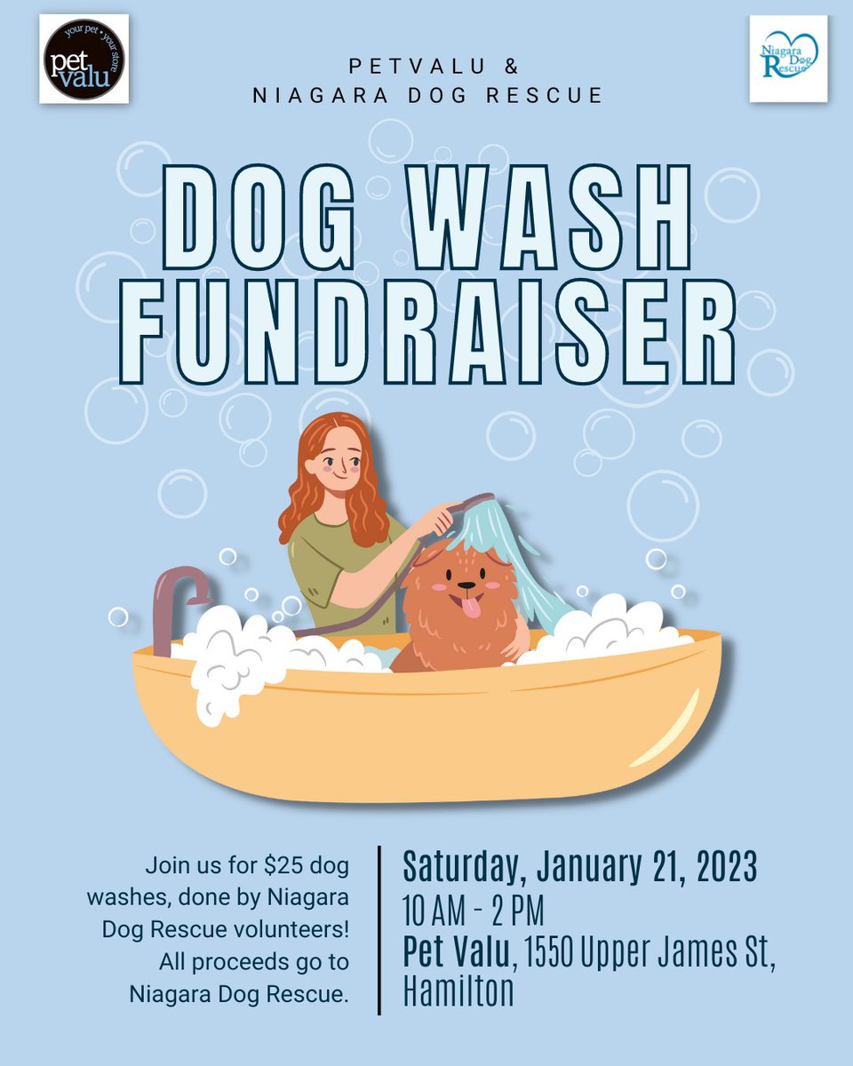 Join us Sat, Jan 21st 10am-2pm at <a href="/petvalu/">Pet Valu</a> 1550 Upper James St, Hamilton for our Dog Wash Fundraiser!