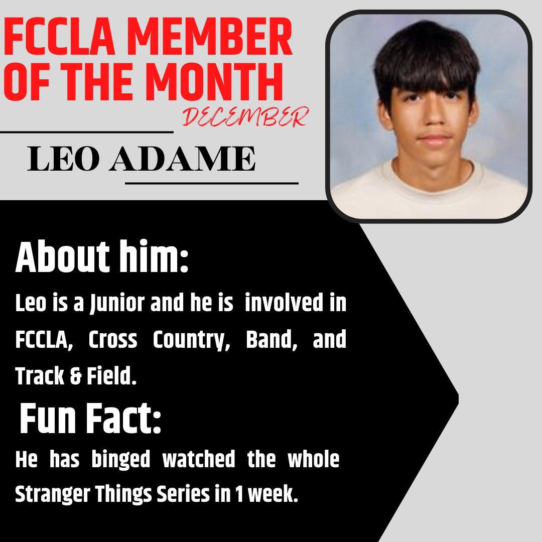 Congratulations to our December member of the month, Leo! #neFCCLA