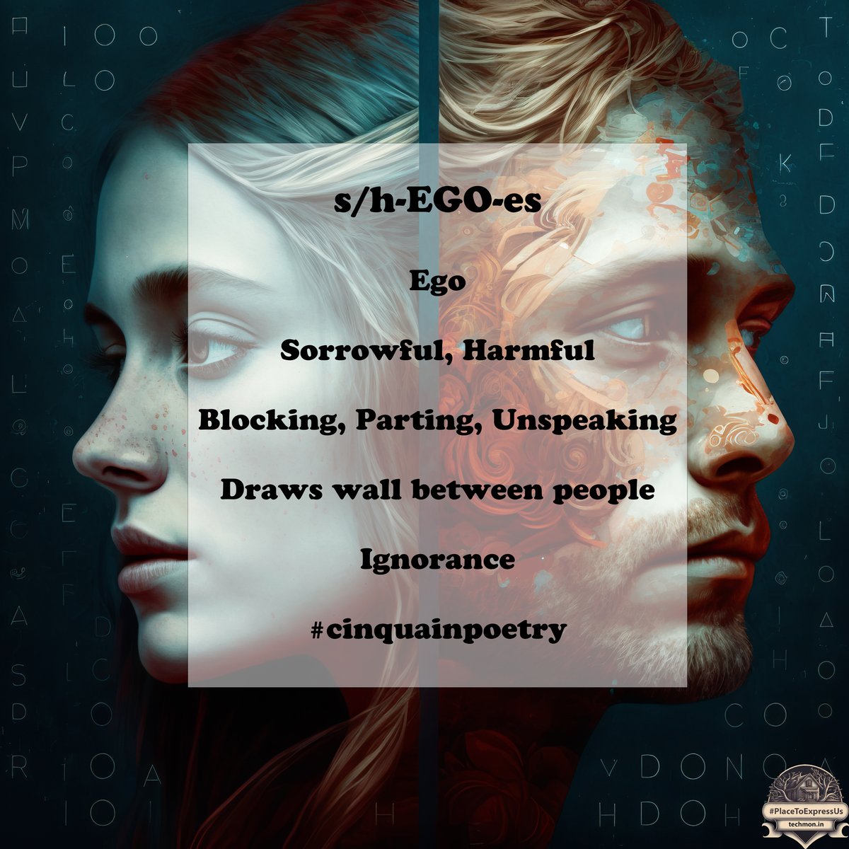 prateekkrjain's tweet photo. A long time back I tried #cinquainpoetry and wrote - "s/h-EGO-es".

But, now I created #art using #ai to express my feelings about the same.

Hope you like the stuff.

1/1, https://t.co/Ka8UHKJfGp

#placetoexpressus #midjourney #openai #dalle2 #stablediffusion #poetry https://t.co/sReNEebdxZ