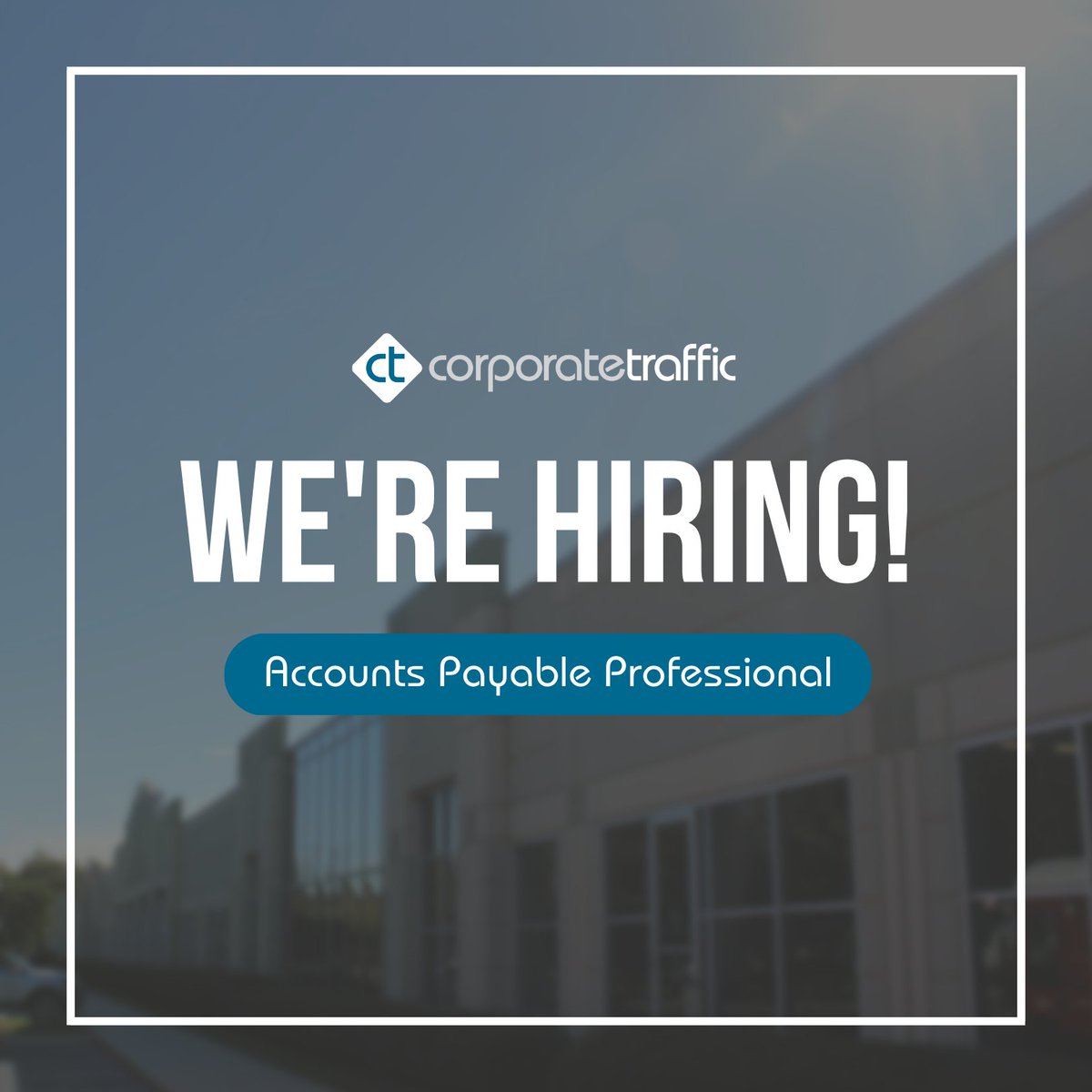 CorpTrafficLog's tweet photo. Corporate Traffic is looking for an Accounts Payable professional to join our accounting team in Jacksonville, FL! If this seems like the job for you, apply NOW at https://t.co/al9LOwoaIs! ๐ฒ Share this post with a friend looking for a job. #Work4CT #Hiring #JobSearch https://t.co/tMzdXBudfK