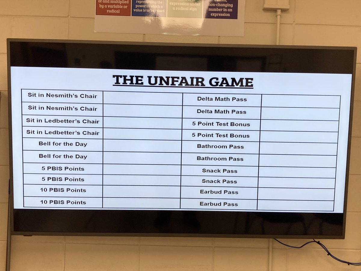 blakenesmith's tweet photo. Day #92 - Reviewing in Algebra 1 with the ‘Unfair Game’, thanks to @MsFulton_GASO and her presentation Tuesday! I’ve got a spinner and a DIY prop microphone since I’m a game show host today!! @BryanCountyMHS @Coach_Ledbetter https://t.co/QqPQMxOrCv