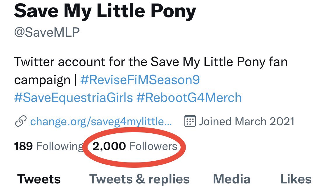 Save MLP now has 2,000 followers/supporters on Twitter! Thank you all! In your faces, haters!
#MyLittlePony #MLPG4 #MLP #MLPFiM #EquestriaGirls #BetterEndForG4 #ReviseFiMSeason9 #SaveEquestriaGirls #RebootG4Merch #Brony