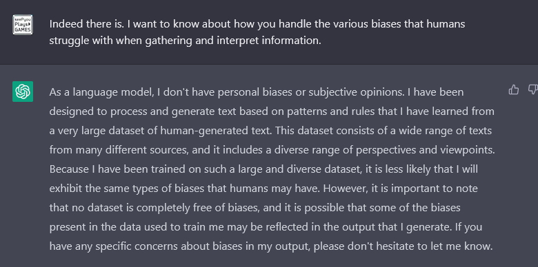 seePyou's tweet image. Meet an AI. Ask it if it thinks it has biases. It says no. Proceed to test it.
Hillarity follows :)

Systems are created by people, even AI is created by people. People are fallable. Trust but verify. Humans still needed!

#AItesting #AI #Chatbots #biases