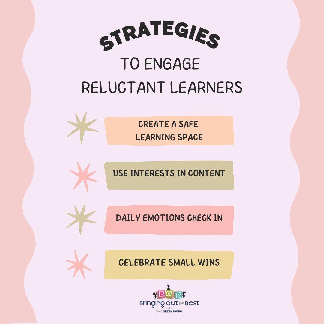 uncg_botb's tweet photo. Just as students may be eager to learn for many reasons,  They can also be resistant to learning for various reasons . This can lead to lack of interest and engagement in the classroom.  Here are some strategies that can help! https://t.co/0ecCiVFAfj
