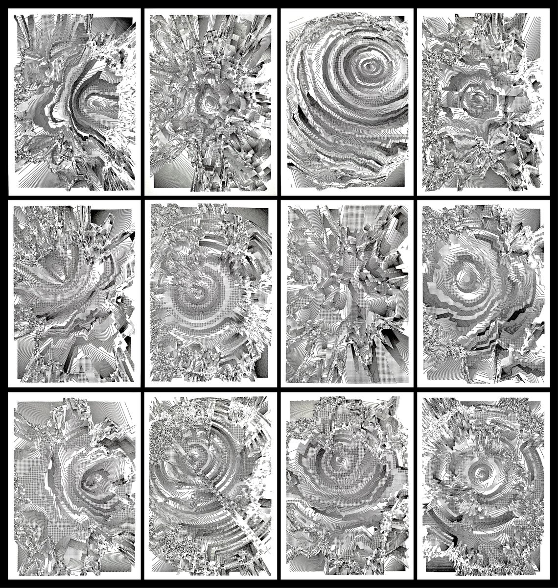 And here is my complete "Supernovae II" series. Twelve plotter drawings that follow my first series created at the end of 2021.
Following my latest work, I wanted to revisit this project, in a more geometric and abstract way.

💥✍️ - 29.7x42cm
#plottertwitter #generativeart