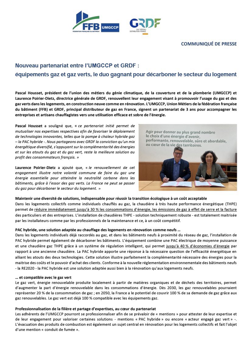 🗞 #CP #Presse
Les #GazRenouvelables ont toute leur place dans le #logement pour atteindre la neutralité carbone.
#GRDF et l’#UMGCCP renouvellent leur partenariat pour promouvoir l’usage du gaz et #GazVerts dans la construction neuve et #rénovation. 
➡️ cutt.ly/u2xATd8