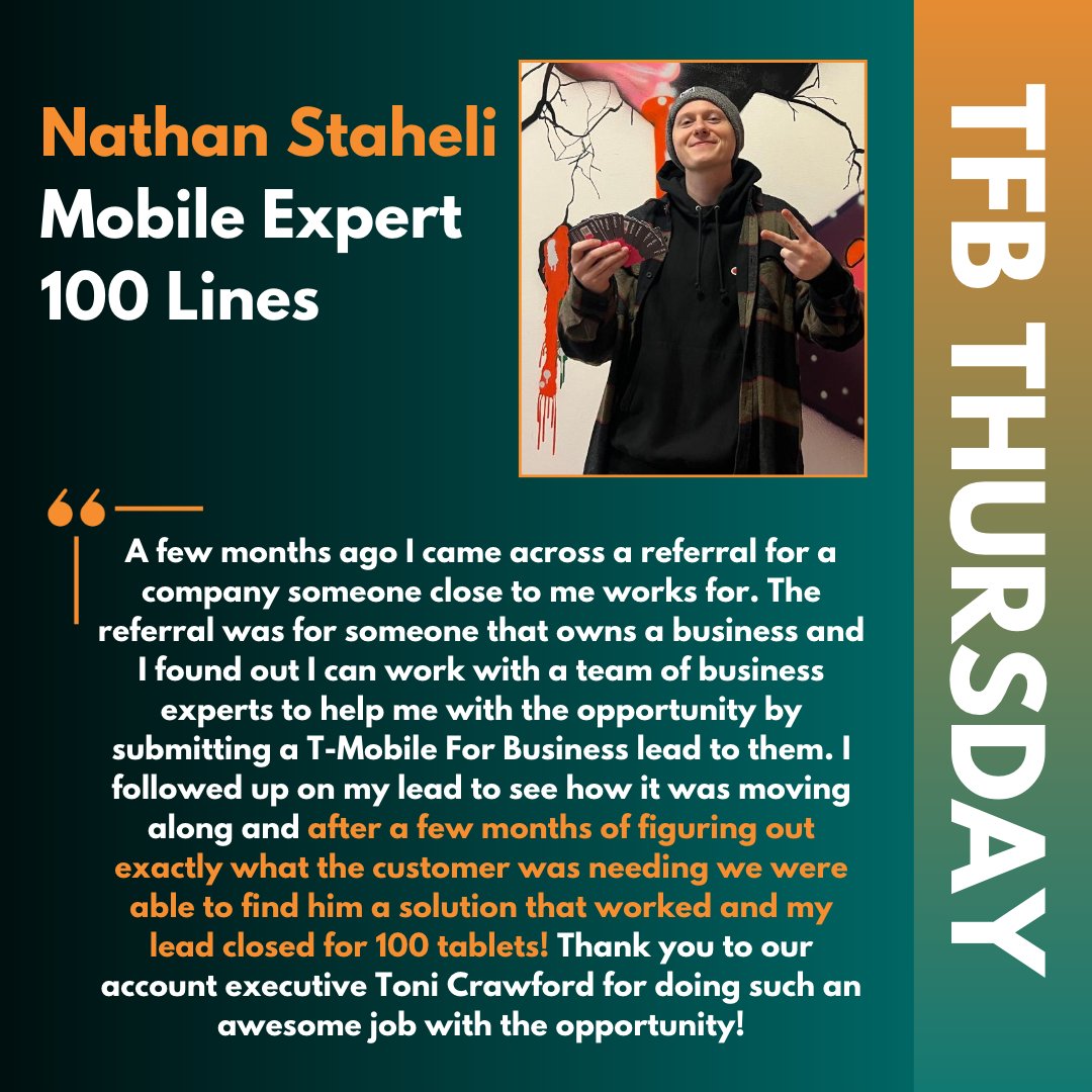 WirelessVision's tweet photo. 100 T-MOBILE FOR BUSINESS LINES π€― You heard that correctly, Nathan Steheli, worked with his T-Mobile for Business team to help him close 100 T-Mobile for Business lines! Amazing work Nathan!#crushingit #tmobile #tfbthursday https://t.co/ETvwmLjCCO