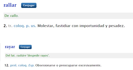alcancuz's tweet photo. Así que «no me ralles», pero «estoy rayada».
Sutil, ¿no?
Teniendo en cuenta que el primero ya está en el _DLE_ en 1780, ¿cómo se llega a adjudicarle su acepción 12 (que diría que es reciente) al segundo? Y ojo a IV y VI en https://t.co/8QeHCsHerW.
Las cositas de la #corrección https://t.co/2YyJDQ1JL7