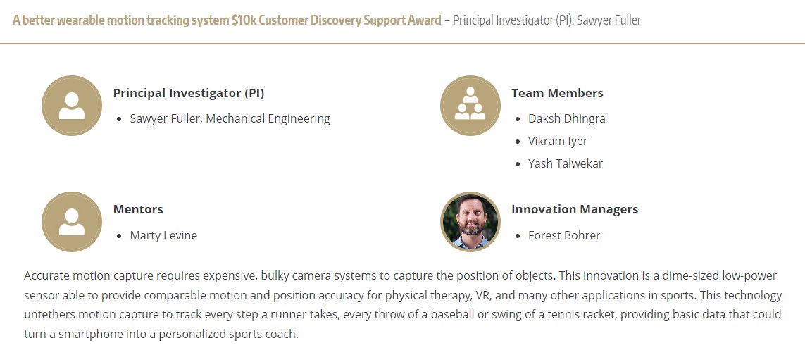 Mechanical Engineering at UW (@me_at_uw) on Twitter photo ME and <a href="/uwcse/">Allen School</a> researchers received a $10k <a href="/UWCoMotion/">UW CoMotion</a> Innovation Gap Fund Award for their project: a better wearable motion tracking system. comotion.uw.edu/funding-and-co… <a href="/blinkminster/">Sawyer B Fuller</a> <a href="/VikramIyerUW/">Vikram Iyer</a> ME and <a href="/uwcse/">Allen School</a> researchers received a $10k <a href="/UWCoMotion/">UW CoMotion</a> Innovation Gap Fund Award for their project: a better wearable motion tracking system. comotion.uw.edu/funding-and-co… <a href="/blinkminster/">Sawyer B Fuller</a> <a href="/VikramIyerUW/">Vikram Iyer</a>