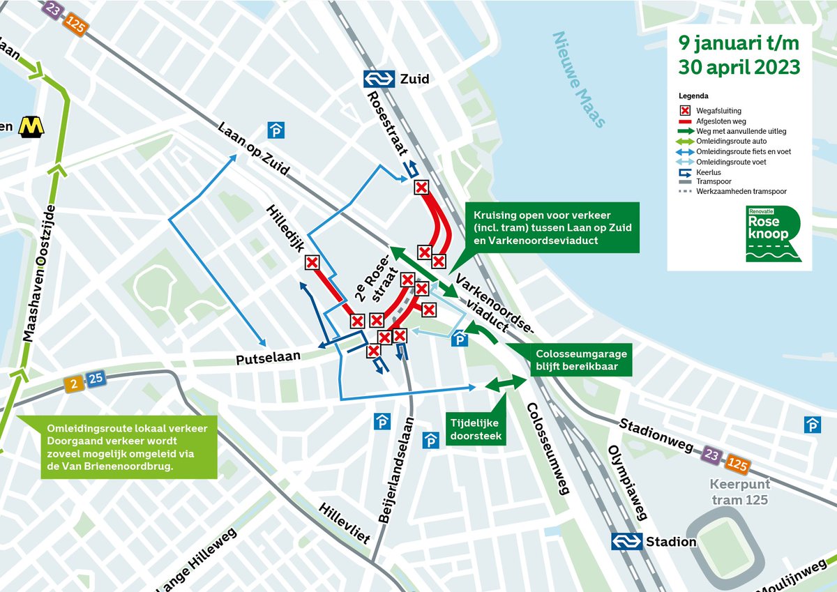 ⚠️Vandaag om 09.00 uur start de renovatie van de #Roseknoop. Tram 20 rijdt niet, tram 25 rijdt een andere route en tram 125 wordt als extra lijn ingezet. Bus 66 en 77 rijden ook anders. De 2e Rosestraat, ingang Beijerlandselaan en een deel van de Hilledijk zijn afgesloten. 🚧