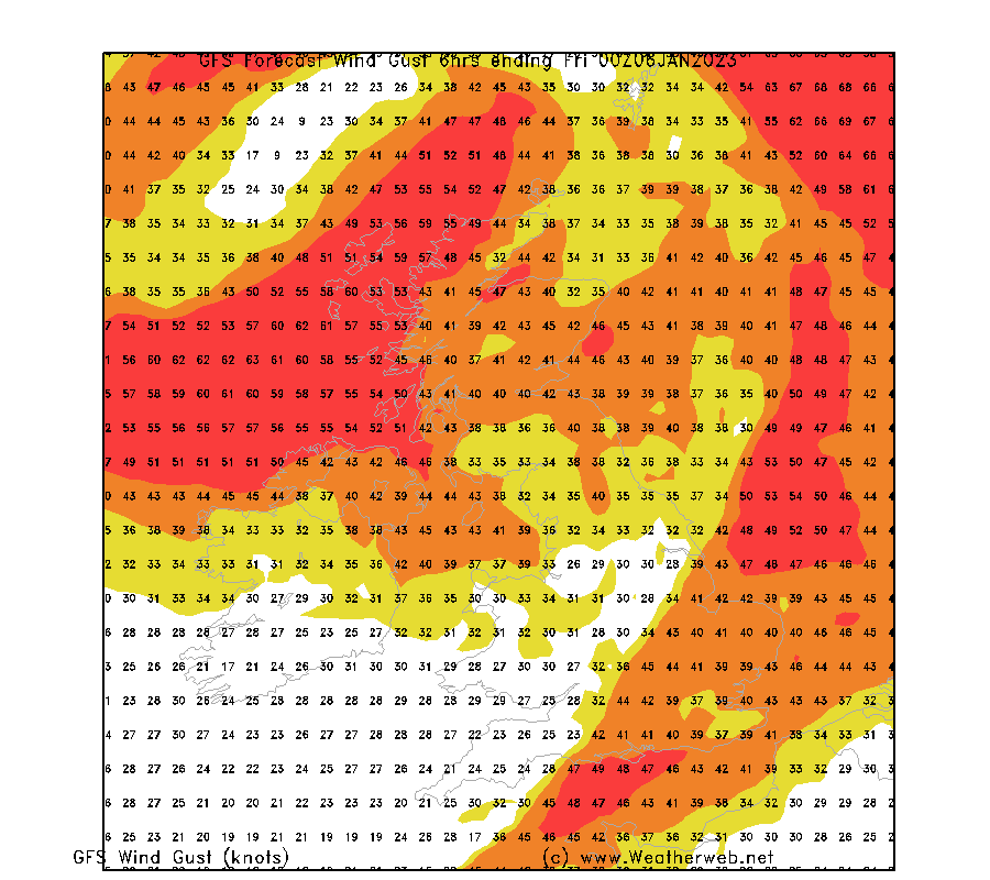 weatherschool's tweet image. Winds are expected to strengthen overnight. Below is the GFS model predictions on the wind speeds (knots) around midnight and gusts (knots) around a similar time. #weather #ukweather #windyweather