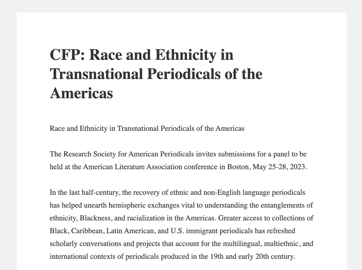 Attn #AHA23 &amp; #MLA23 

The Research Society for American Periodicals invites your abstracts for this panel at the ALA in May! 

CFP: Race and Ethnicity in Transnational Periodicals of the Americas periodicalresearch.org/cfp-ala-2023-2/