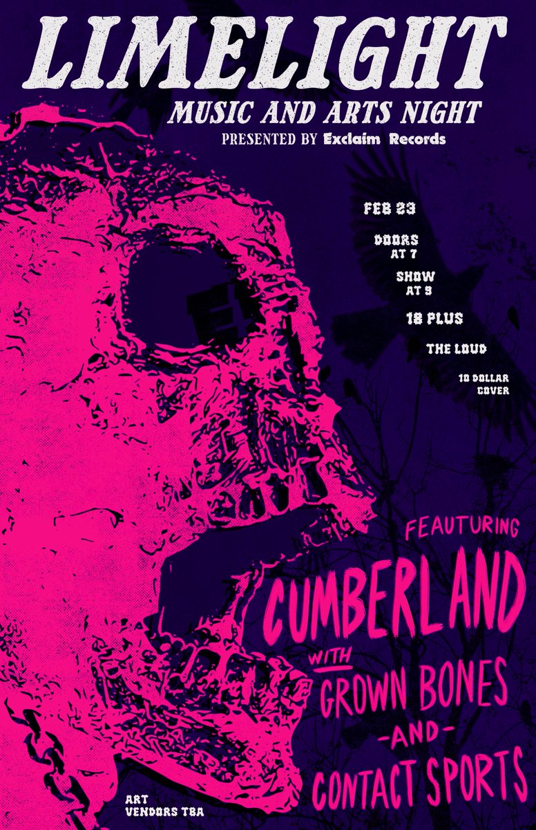 Just announced! The first <a href="/exclaimrecs/">Exclaim Records</a> Limelight of the year with <a href="/Cumberlandrock/">Cumberland</a>, <a href="/grown_bones/">grown bones</a>, and <a href="/ContactSportswv/">Contact Sports</a>! Art vendors TBA!

Get your tickets online or at Orbit's Record Shop in Barboursville!

etix.com/ticket/p/34461…