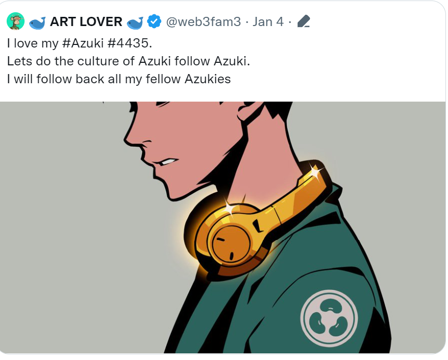 Be careful fams, as project like <a href="/AzukiOfficial/">Azuki</a>   rise, engagement farmer such as  below will fake it until make it, he doesn't even own the ape he use as PFP, (<a href="/Fresh/">Fresh</a> owns that ape), and  I highly doubt he bought any of Azukis he claims.