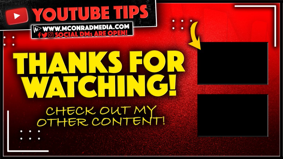 MasNConrad's tweet photo. #YouTube tip:
Using an #endcard is a great way to show your viewers where they can connect with you, and also direct them to other content on your channel!
Need yours created? My #DMs are open! #MCMedia https://t.co/hNfndzNaOJ