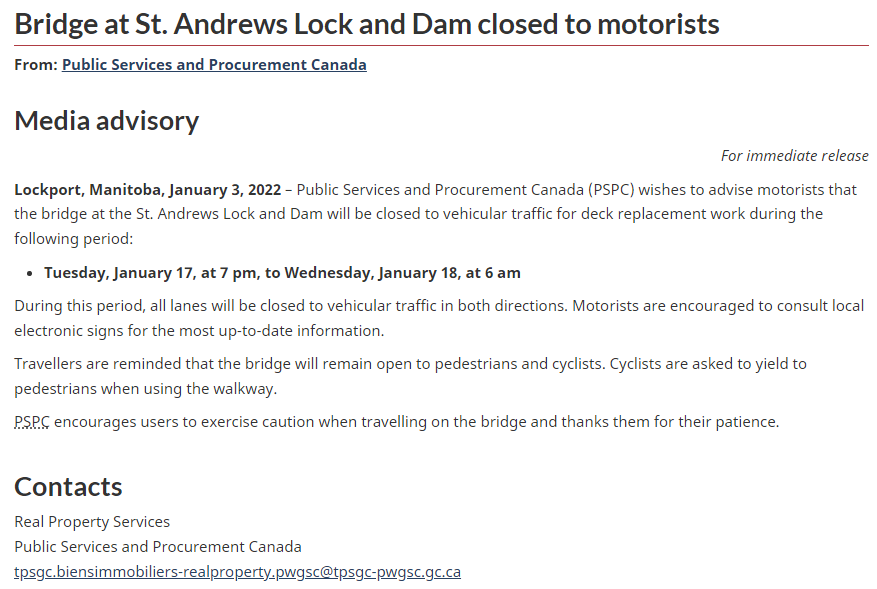Bridge at St. Andrews Lock and Dam Temporary Closure Notice - January 17 - 18, 2023