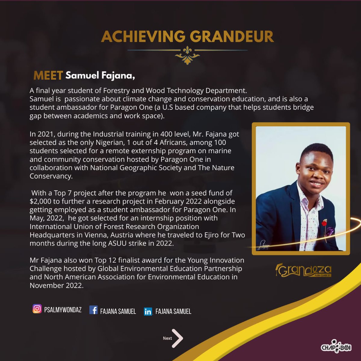 Futaclass21's tweet photo. Starting a new edition where we celebrate outstanding Grandezas, portraying what is an image of our ever successful giant strides in the FUTA community and beyond is 
Samuel Fajana.@Psalmueh 

Enjoy the read and drop a ♥ if you're proud of him too
#Futaclass21 #Grandeza https://t.co/7S5ETjx7pI