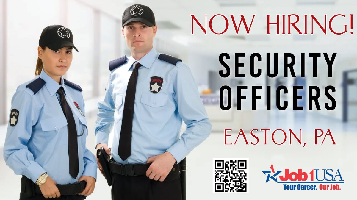 Job1USA's tweet photo. Job1USA Security is looking to fill security positions in the Easton, PA area! No experience needed!

Starting Pay: $13.00 / hr. (increased to $15 at 30 days) 

If this the opportunity you've been looking for &amp; you don't have a resume, apply today at https://t.co/tBZs8ZuUwc! https://t.co/JyRoBa0Dh5