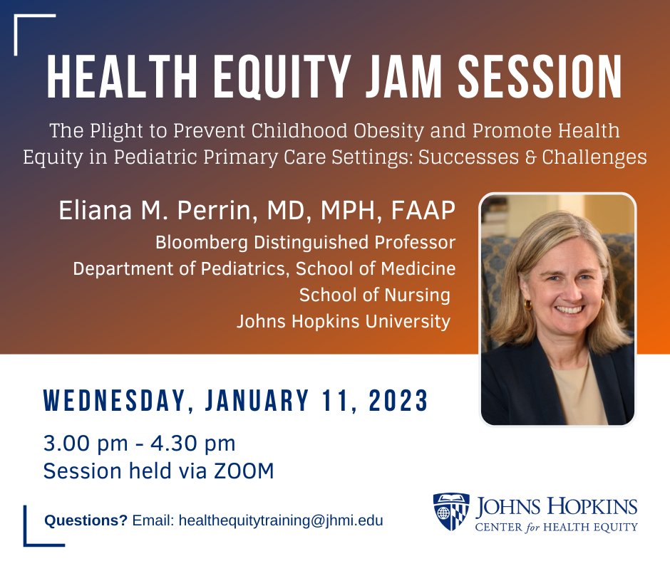 NEXT WEDNESDAY! Join us for our January Jam Session to hear 
<a href="/ElianaPerrin/">Eliana Perrin</a>
 give her talk "The Plight to Prevent Childhood Obesity and Promote Health Equity in Pediatric Primary Care Settings: Successes &amp; Challenges"

📅Jan. 11
🕚3-4:30 PM
