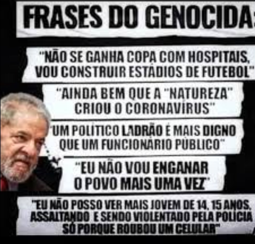 Lula genocida, ladrão, corrupto, o povo brasileiro não elegeu esse bandido.

#GreveGeralForaLuladrao